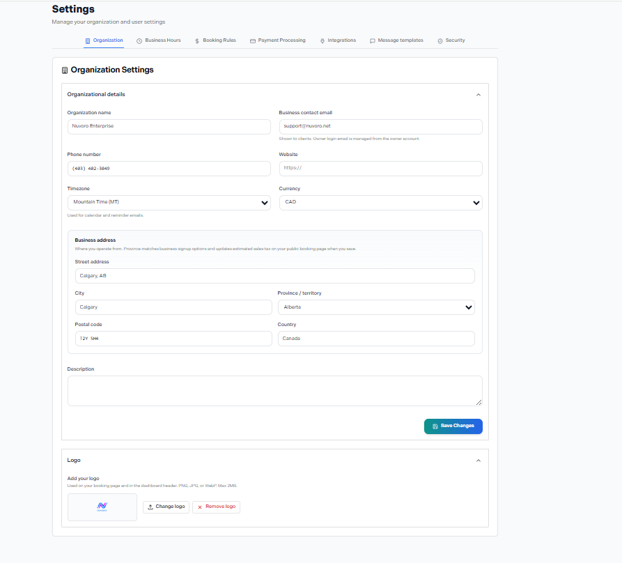 Organization Settings page